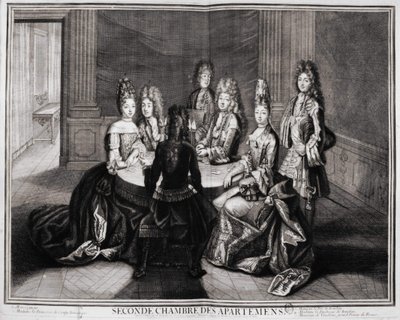 Andet værelse i lejlighederne (Versailles): 1. Monsignor, 2. Madame Princess of Conty Enke, 3. Monsieur le Duke de Bourbon, 4. Madame hertuginden af Bourbon, 5. Monsieur de Vandôme, Frankrigs storprior. Indgravering af Trouvain, begyndelsen af det 18. århu af Unknown artist
