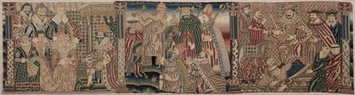 Udsnit af en broderet frise: Ahasverus og Esther, Paven, der ræder kejseren, Henrik VIII, der træder pavens hals af Unknown artist