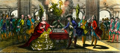 Syvårskrigen: allegori, der repræsenterer Marie Therese af Østrig (1717-1780) og Frederik af Preussen (1712-1786), der spiller skak. Indgravering af privatsamlingen fra det 18. århundrede af Unknown artist