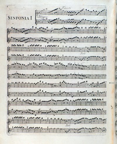 Nodehæfter for fløjten i den første symfoni af Sei sinfonie a piu strumenti op. 5 af Francois Joseph Gossec af Unknown artist
