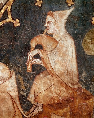 Hyrde blæser i en sækkepibe Detalje. Fresko fra det 14. århundrede. Fra Olite (Navarre) Museum of Navarre, Pamplona af Unknown artist