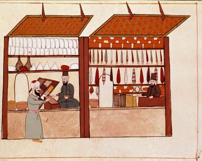 Butikker i Konstantinopels gader. Miniature taget fra et Cicogna-manuskript fra det 19. århundrede (1828) efter en original fra det 17. århundrede (1671). Venedig, Biblioteca Marciana af Unknown artist