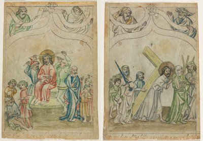 Enkelt blad fra en "Biblia Pauperum": Kristus kronet med torne (recto) Kristus bærer korset (verso) af Unknown artist