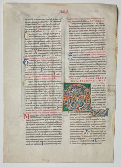 Enkelt blad fra et dekret af Gratian: Dekoreret initial Q[uidam Habens Filium Obtulit] og firdobbelt arkade med overensstemmelse mellem græske og latinske alfabeter af Unknown artist