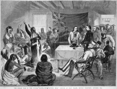 Sitting Bull and Buffalo Bill: Sitting Bull Council i Fort Walsh, British Territory, under krigen med indianerne, oktober 1877 af Unknown artist