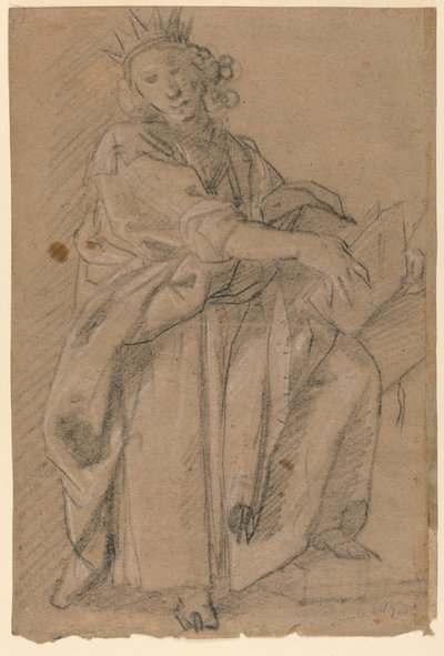 Skitse af en stående kronet figur med en bog af Unknown artist