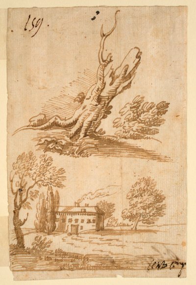 Skitser af en villa og et træ af Unknown artist