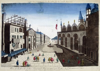 Markus-kirkens plads og den store plads afsluttet af St. Geminian-kirken i Venedig. Indgravering af det 18. århundrede. af Unknown artist