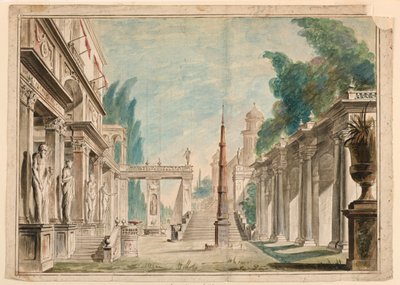 Scenedesign, bygning tilstødende parklandskab af Unknown artist