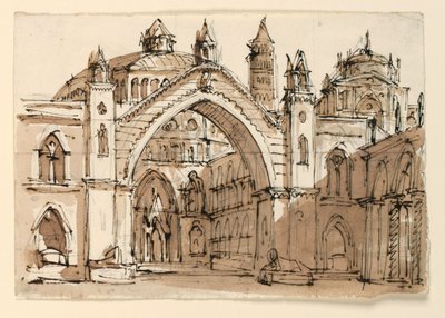 Scenedesign, eksteriør af gotisk kirke af Unknown artist