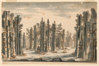 Scenedesign, gruppe af ødelagte bygninger med obelisker af Unknown artist