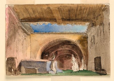 Scenedesign, interiør af hus og domstol af Unknown artist