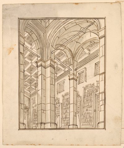Scenedesign: Biblioteksinteriør med buer af Unknown artist