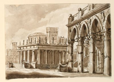 Scenedesign, firkant med offentlig bygning af Unknown artist