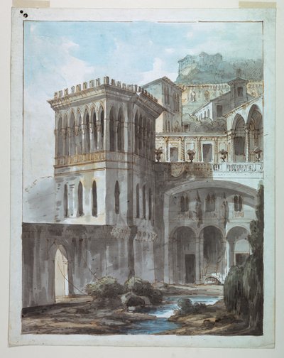 Scenedesign, udsigt over byen på bjergsiden af Unknown artist