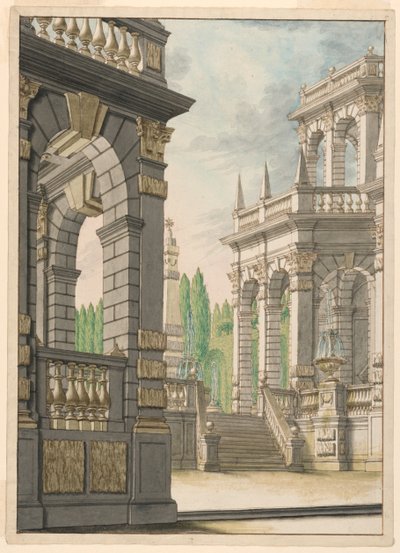 Scenedesign: Villa med Obelisk og Albani-våben af Unknown artist