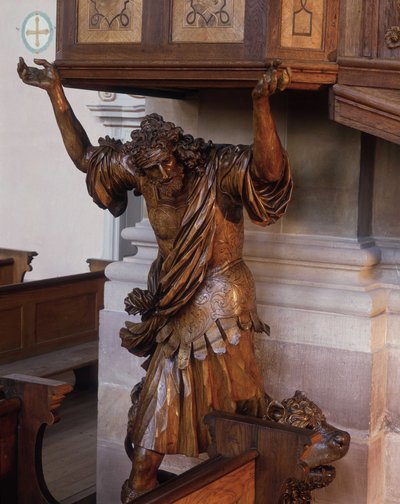 Statue af Samson under prædikestolen i klosterkirken Ebersmunster, Alsace af Unknown artist