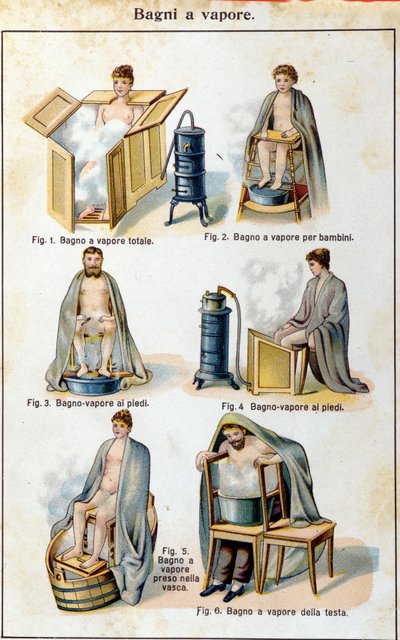 Dampbade. Italiensk oversættelse af "Bilz, naturlig medicin"", slutningen af det 19. århundrede. af Unknown artist