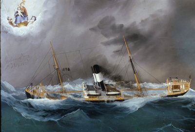 Dampbåd i en storm. af Unknown artist