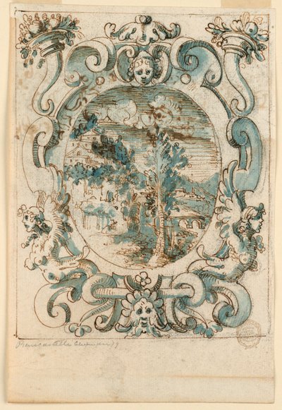 Strapwork Design med Landskab af Unknown artist