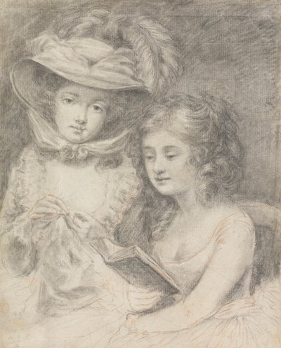 Studie af en kvinde, der syr og en pige, der læser af Unknown artist