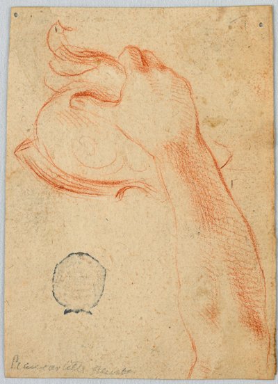 Studie af højre underarm af en kvinde, der holder en antik hjelm af Unknown artist