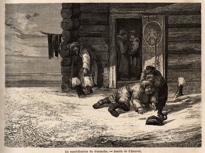 Søndag helliggørelse har spidskommen spiritus, Dorpat arbejdere. Tegning af Henriet, til illustration af hans rejse til de russiske baltiske provinser i 1851-54. Indgravering i "" Le tour du monde"", redigeret af Edouard Charton af Unknown artist