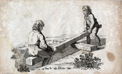 Gynge: to børn på et numsebånd (rumpebånd) Gravering sidst i 1700-tallet. Privat samling. af Unknown artist