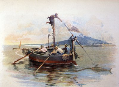 Sværdfisk harpunfiskeri i Detroit of Messina på Sicilien. Akvarel 1898 af Unknown artist