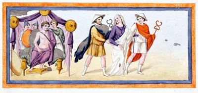 Talthybios og Eurybates tager jomfruen Briseis foran Achilles, som står i Myrmidonenes telt. Iliassang I, v 345. Stik fra slutningen af det 18. århundrede. af Unknown artist
