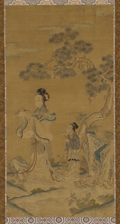 Tapestry: en daoistisk kvinde udødelig og ledsager under en fyr af Unknown artist