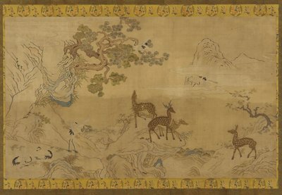 Gobelin: landskab med hjorte, storke, fyrretræer og ferskentræer af Unknown artist