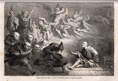 Tengu eller dæmon af drømme, mindre gud af japansk folklore, zoomorph, han tager form af en ravn, udstyret med magiske kræfter, det er et populært emne for kunst, teater og litteratur i Japan. Gravering til illustration af rejsen til Japan i 1863-1864, af  af Unknown artist