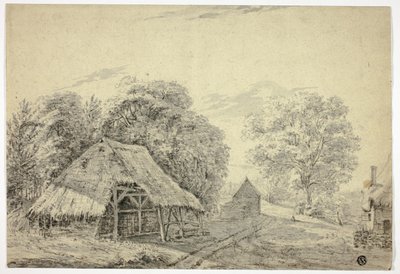 Stråtækt skur på gården af Unknown artist