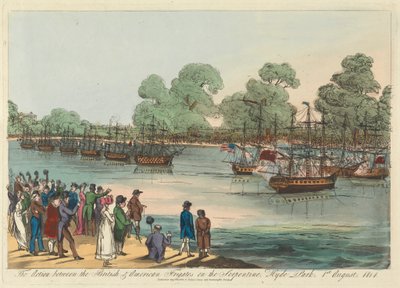 Aktionen mellem de britiske og amerikanske fregatter på Serpentinen, Hyde Park 1. august 1814 af Unknown artist