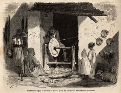 Kunsthåndværkeren Turner Kabyle i sit værksted laver en enorm trælejlighed, der bruges til alle formål, husholdnings- og landbrugsformål, i Kabylien (Algeriet). Gravering for at illustrere udflugten til den store Kabilie, mellem Middelhavet og Djurjura, i  af Unknown artist