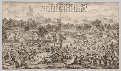 Slaget ved Elei Zhalatu: fra Battle Scenes of the Quelling of Rebelling in the Western Regions, with Imperial Poems af Unknown artist