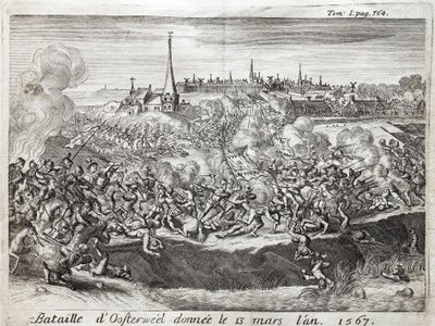 Slaget ved Oosterweel (Holland, Holland), afholdt den 13. marts 1567, den første konfrontation af Firs (80) Års krig (1567-1648). Gravering til illustration af "Historien om krigen i Flandern", af Flamianus Strada, udgave Joseph T