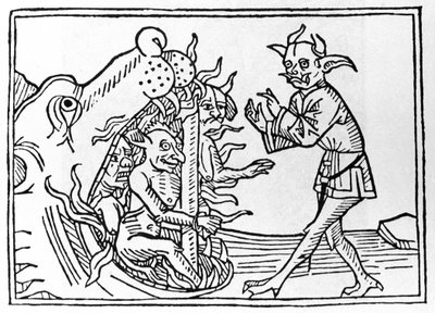 The Belial Proces: "The Belial Demon Returning to the Entrance of the Underworld"" Indgravering fra "The Belial Proces" af Jacobus de Teramo (eller Palladino), Ausburg af Unknown artist
