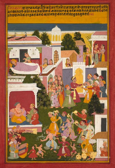 Fødselen af Krishna fra en sursagar af Surdas af Unknown artist