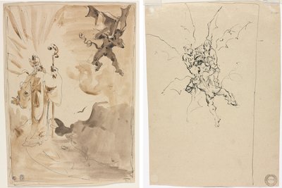 Biskoppen og Dæmonen (recto); Tre dæmoner holder en ridder (verso) af Unknown artist