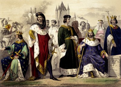 Kapetianerne fra 1270 til 1322. Filip III den Harde, Filip IV Belen, Ludvig X Hutinen, Filip V den Lange, Karl IV Belen. Indgravering af det 19. århundrede. af Unknown artist