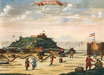 Det hollandske fort Nassau på øen Goree, Senegal, gravering. Afrika af Unknown artist