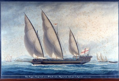 Genova-kabysserne Raggia og San Giorgio forfølger den algeriske chebec Uccello. 11. August 1788. Maling af Unknown artist