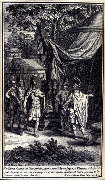 Grækerne, forbavsede over deres nederlag, sendte Ulysses, Ajax og Phenix til Achilleus for at bede ham om at vende tilbage til lejren. Denne prins afviser stolt deres bønner og sender dem derefter hårdt tilbage. Illustration af bog IX af Iliaden af Homere, af Unknown artist