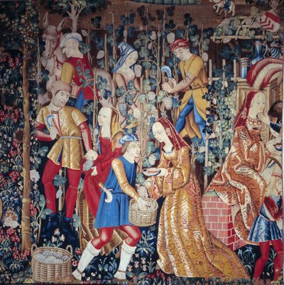 The Harvest Peasants presser druer. Detalje. Uld og silketæppe. Begyndelsen af det 16. århundrede. Paris, Nationalmuseet for middelalderen, Thermes de Cluny af Unknown artist