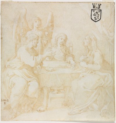 Den hellige familie ved bordet betjent af en engel af Unknown artist