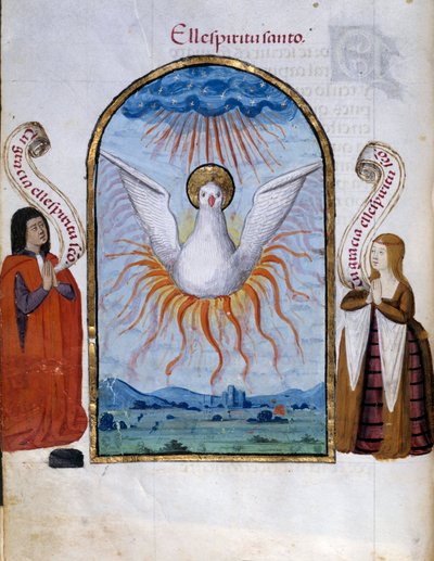 Helligåndsmanuskriptsiden taget fra "" Collection of Devotion of Queen Joan the Folle (1479-1555) of Spain"" af Pedro Marcuello ("" Devotion of Queen Da Juana Whom They Called the Madwoman") 15. århundrede Søn . ... 0,21x0,14 m Chantilly, Museumskond af Unknown artist