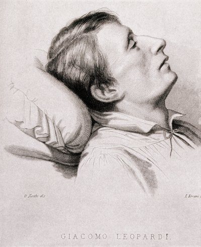 Den italienske digter Giacomo Leopardi (1798-1837) på sit dødsleje. Indgravering af det 19. århundrede af Unknown artist