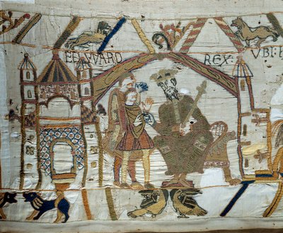 Kongen af England Edvard Bekendelsesfaderen instruerer Harold om at gå og bekræfte over for hertugen af Normandiet Vilhelm Erobreren (1027-1087), at han vil være hans efterfølger til Englands trone. Detail of the Tapestry of Bayeux eller Broderi af Dronnin af Unknown artist